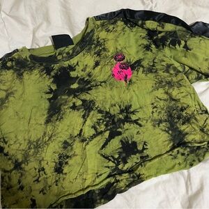 Green & Black Tie Dye Crop Top with Pink Graphics